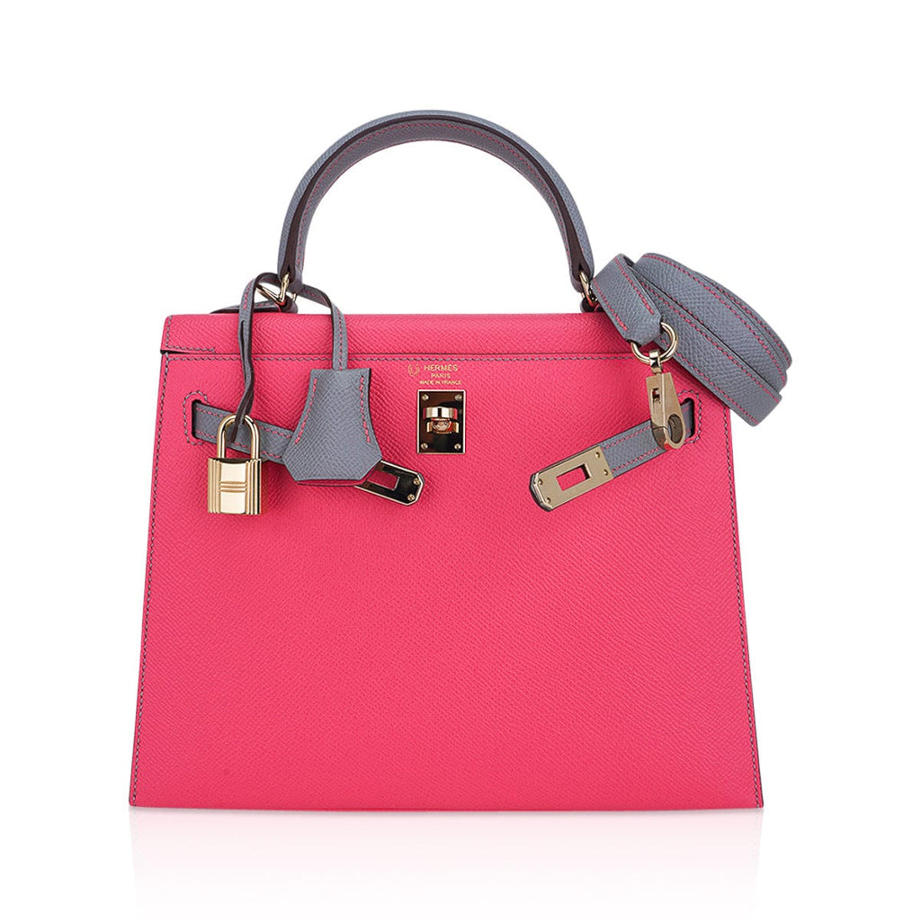 👜Kelly Sellier 25 HSS Bag Rose Azalee/Gris Mouette Leather Permabrass