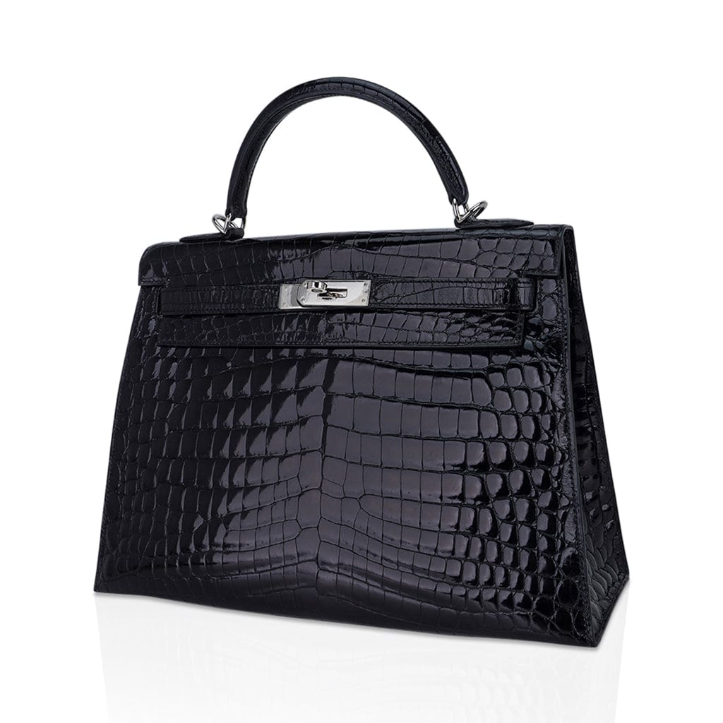 👜Kelly 32 Sellier Bag Black Crocodile with Palladium Hardware