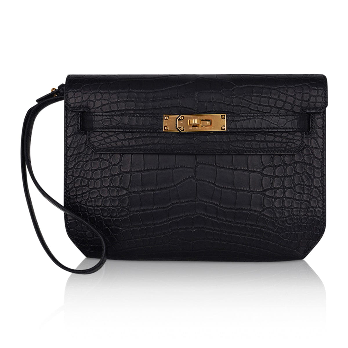 👜Kelly Depeches 25 Pouch Black Matte Alligator Gold Hardware New