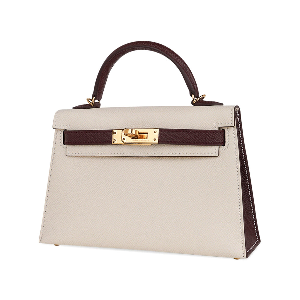 👜Special Order HSS Mini Kelly 20 Sellier Bag Nata & Bordeaux Epsom Leather with Gold Hardware