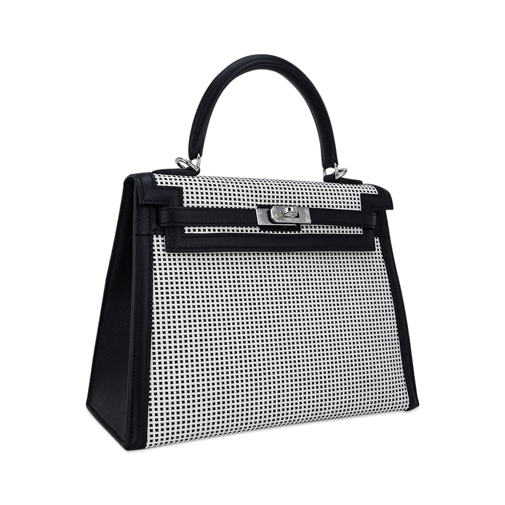 👜Kelly 25 Sellier Bag Quadrille Black & White Viking Toile Swift Leather with Palladium Hardware