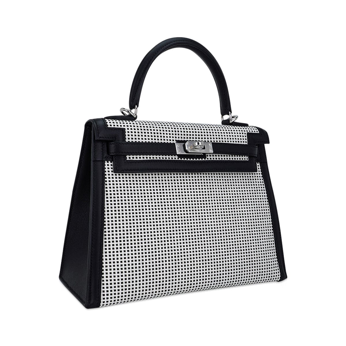 👜Kelly 25 Sellier Bag Quadrille Black & White Viking Toile Swift Leather with Palladium Hardware