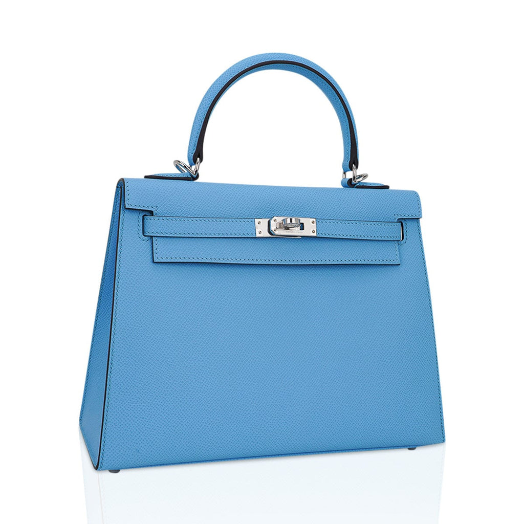 👜Kelly Sellier 25 Bag Blue Celeste Palladium Epsom Leather
