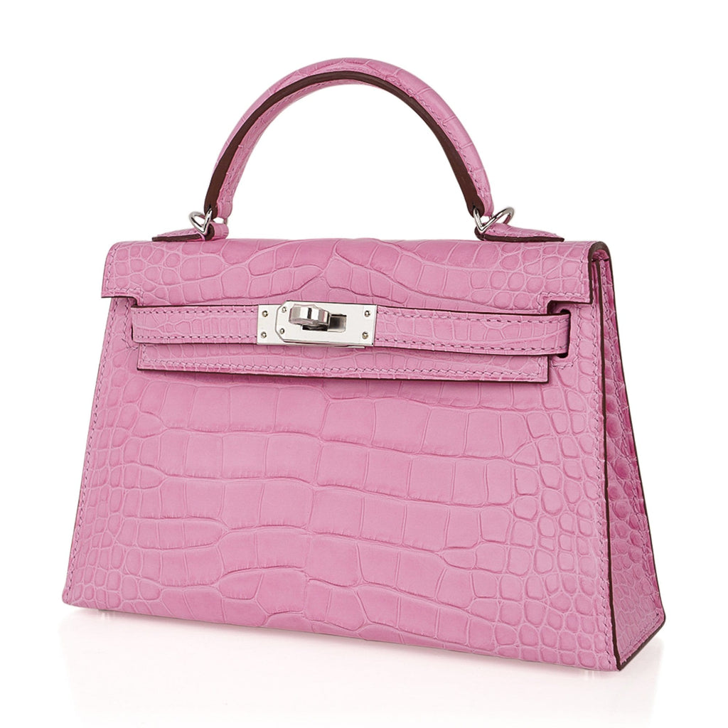 👜Kelly 20 Mini Sellier Bag 5P Pink Matte Alligator Palladium Limited Edition