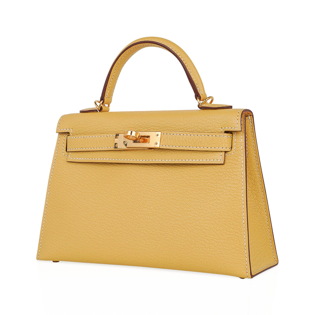 👜Mini Kelly 20 Sellier Jaune Foin Bag Chevre Gold