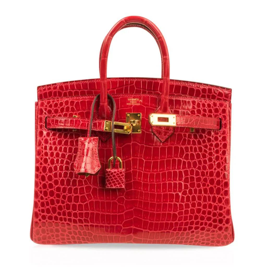 👜Birkin 25 Bag Red Braise Porosus Crocodile Gold Hardware Lipstick Red