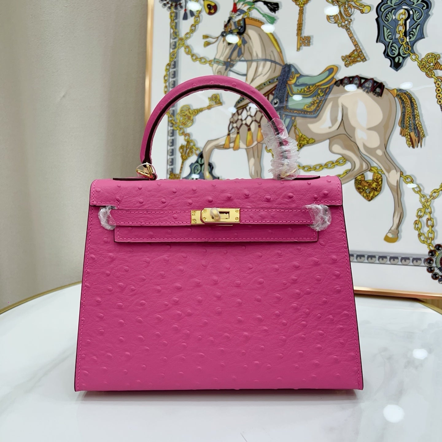 Kelly Sellier 25cm Rose Tyrien Ostrich Gold Hardware Designer Crossbody Tote