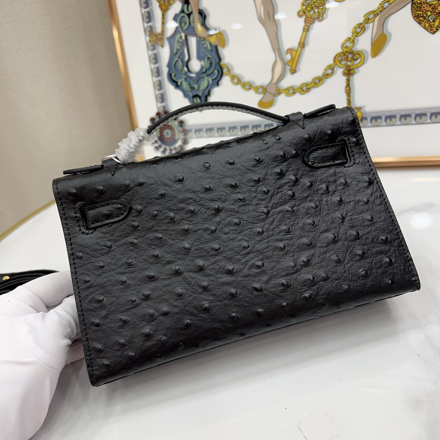 Mini Kelly Sellier 22cm Noir Ostrich Leather Gold Hardware Women Mini Handbag