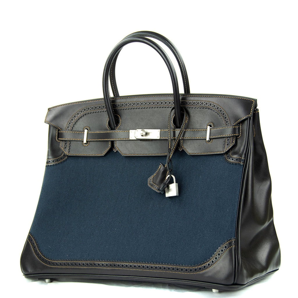 👜Birkin 40 Ghillies Denim Fonce Toile / Black Evercalf Bag Limited Edition