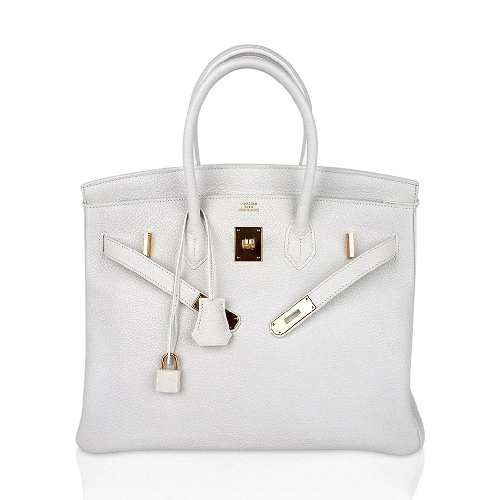 👜Birkin 35 Bag White Gold Hardware Clemence Leather New