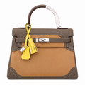 Kelly Sellier Ghillies 28cm Beige Poussière & Marron Foncé Barenia Leather Palladium Hardware Women Handbag