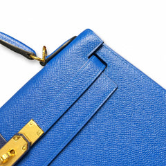 Kelly 28cm Epsom leather 73 Bleu Saphir sapphire blue combined with 71 Bleu France French blue top handcraft! Counter quality!