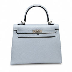 kelly25cm, J7/Blue lin, Epsom, sliver, all handmade‼ ️Kelly 25cm, linen blue, palm print, silver buckle, high-end handmade exclusive customization‼ ️Purely hand-made nails, hand-engraved hardware, fin