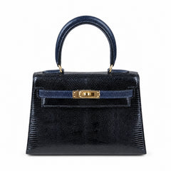 Kelly big ears, black with sapphire blue, original lizard leather, 20cm, completely handmade inside and outside, original hardware, shoulder strap❤️