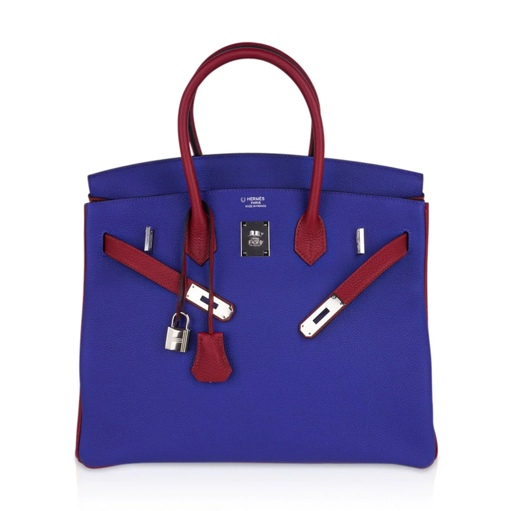 👜Special Order HSS Birkin 35 Bag Blue Electric & Rouge Granat Togo Leather with Palladium Hardware