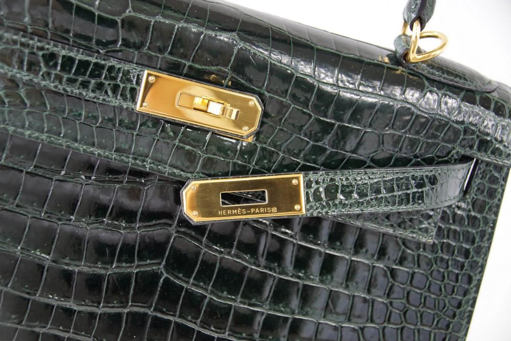 👜Kelly 28 Bag Exotic Vert Fonce Porosus Crocodile Gold