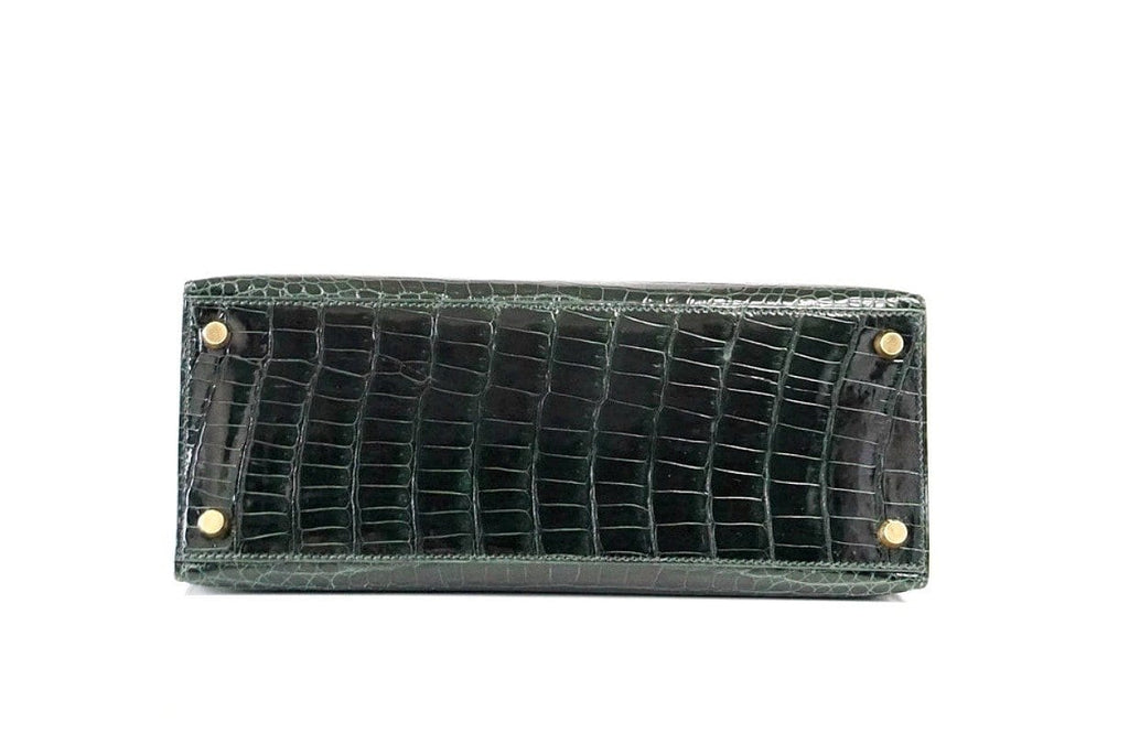👜Kelly 28 Bag Exotic Vert Fonce Porosus Crocodile Gold