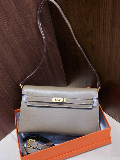 Kelly Elan 25 Genuine Goat Grain Top Layer Cowhide Shoulder Bag, Gold Hardware Neutral Khaki Faux Kelly Baguette Underarm Bag, 25×6.5×15cm Elegant Commute Handbag for Women All Season Match