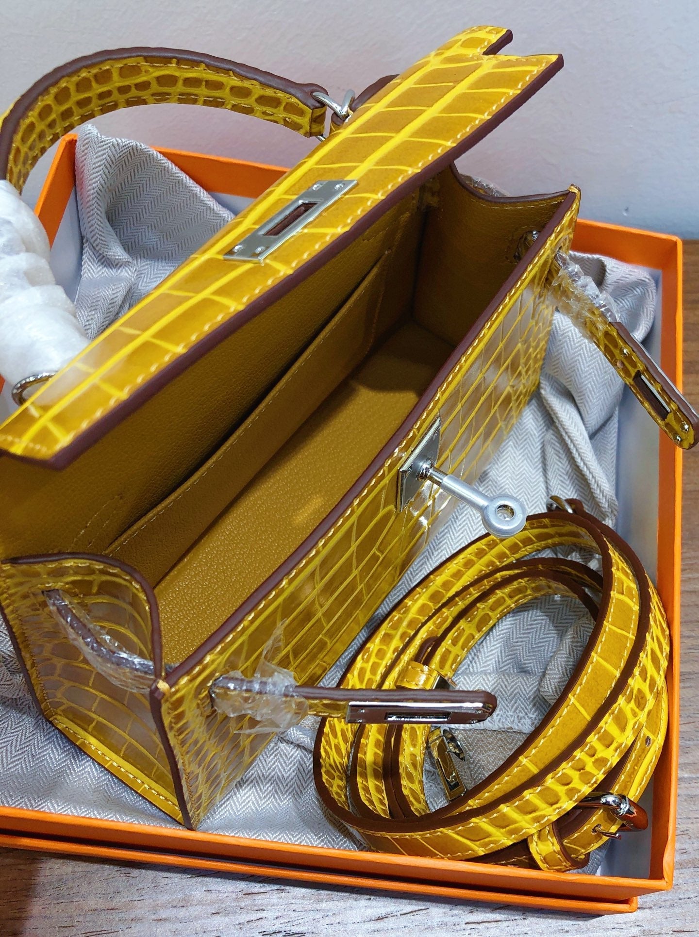 Kelly Sellier 19cm Jaune Ambre Shiny Crocodile Leather Gold Hardware & Palladium Hardware Women Handbag
