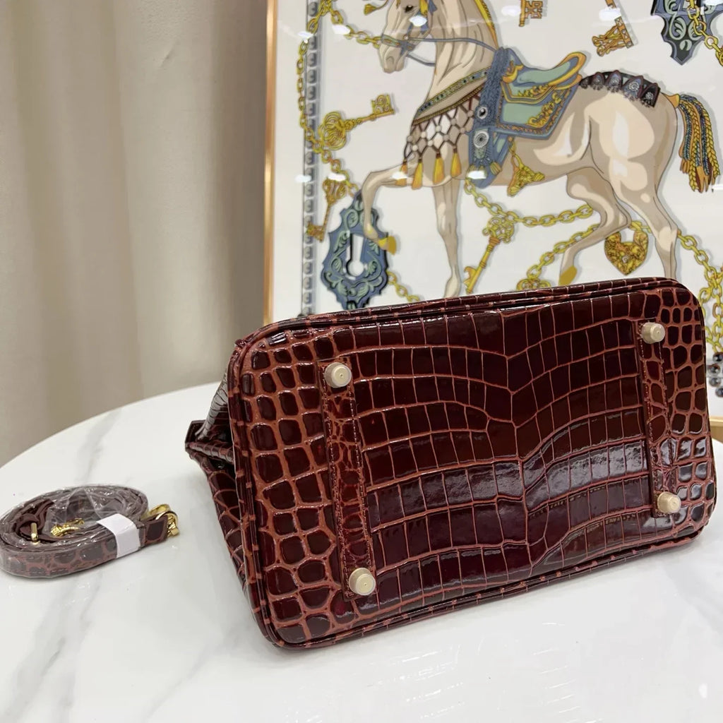 👜Birkin Bordeaux Shiny Porosus Crocodile Gold Hardware