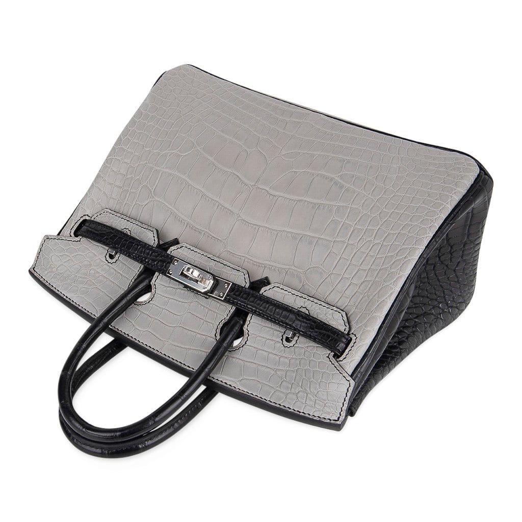 👜Birkin 25 HSS Bag Gris Perle / Black Matte Alligator Palladium Hardware