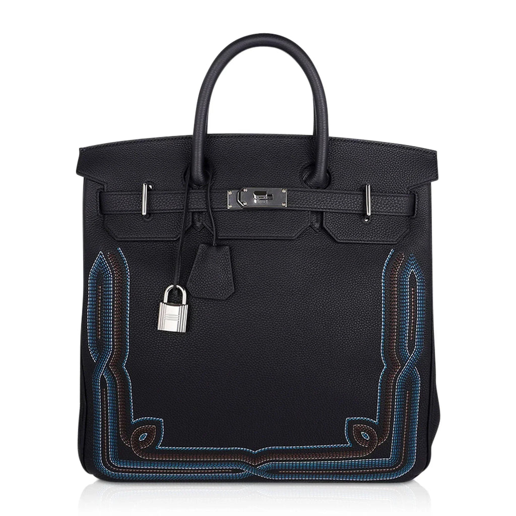 👜Limited Edition HAC Western Birkin 40 Bag Runway Embroidered Black Togo Leather with Palladium Hardware