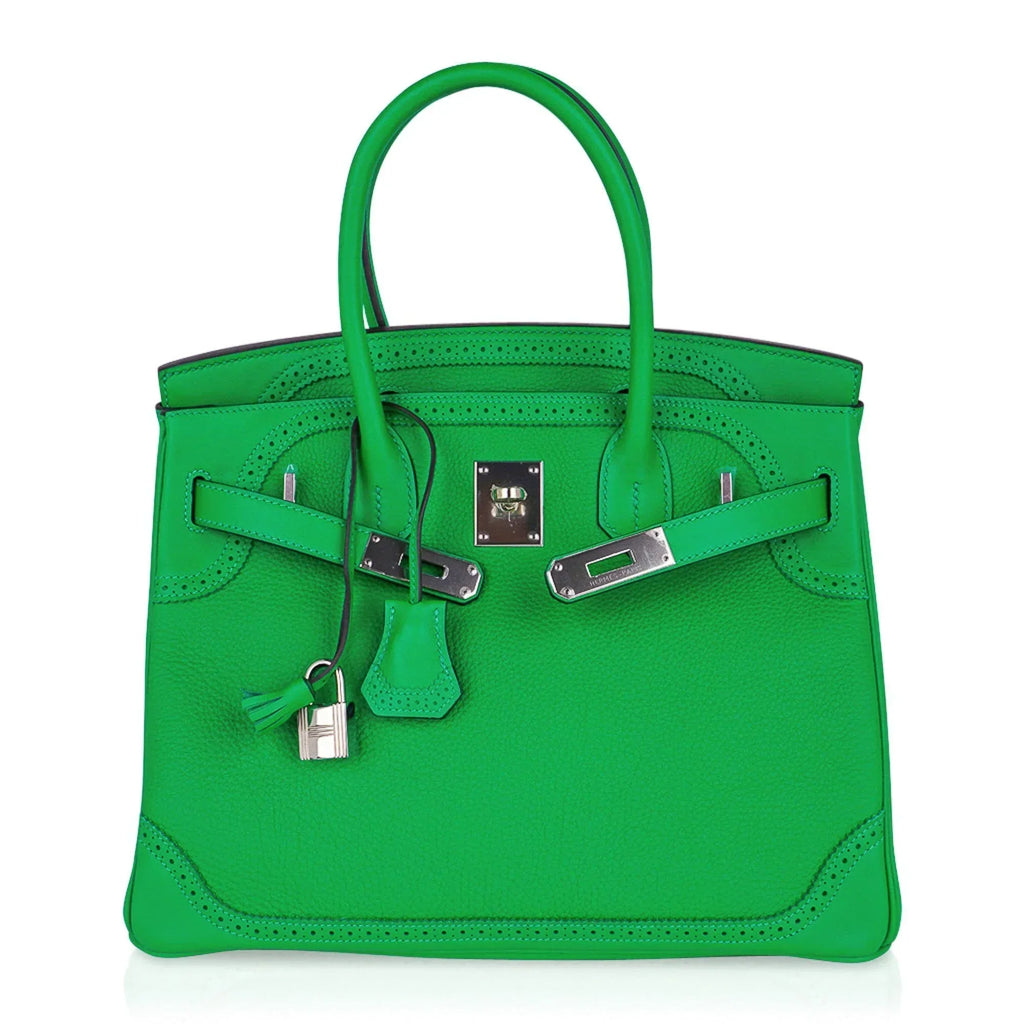 👜Birkin 30 Ghillies Limited Edition Bag Bamboo Palladium Hardware New w/Box