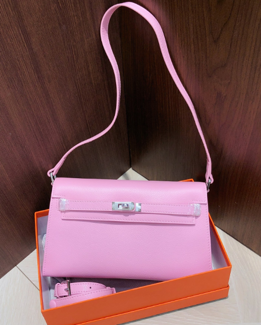 Kelly Elan 25 Underarm Baguette Bag, Genuine Top Layer Cowhide Goat Grain Leather, Silver Hardware Mauve Iris Purple Shoulder Handbag, Bright Soft Tone Youthful Elegant Daily Purse Size 25×6.5×15cm