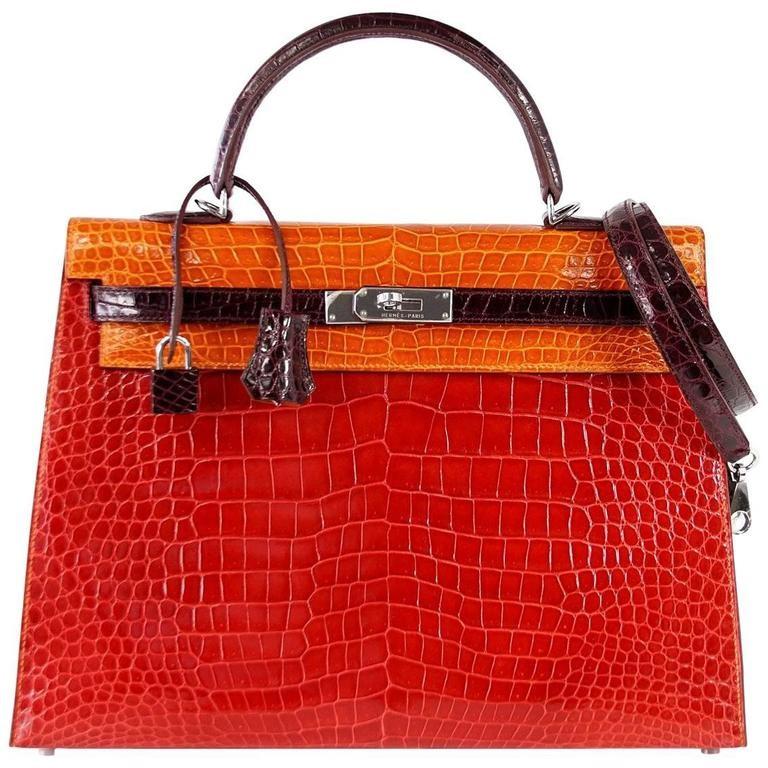 👜Kelly 35 Bag Tri Color Horseshoe Porosus Crocodile Palladium