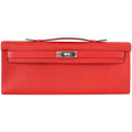 👜Kelly Cut Bag Clutch Rouge Casaque Epsom Palladium