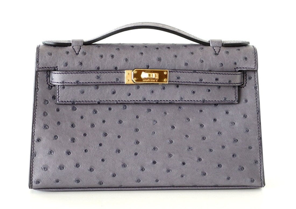 👜Kelly Pochette Clutch Bag Ostrich Gris Agate Gold Hardware