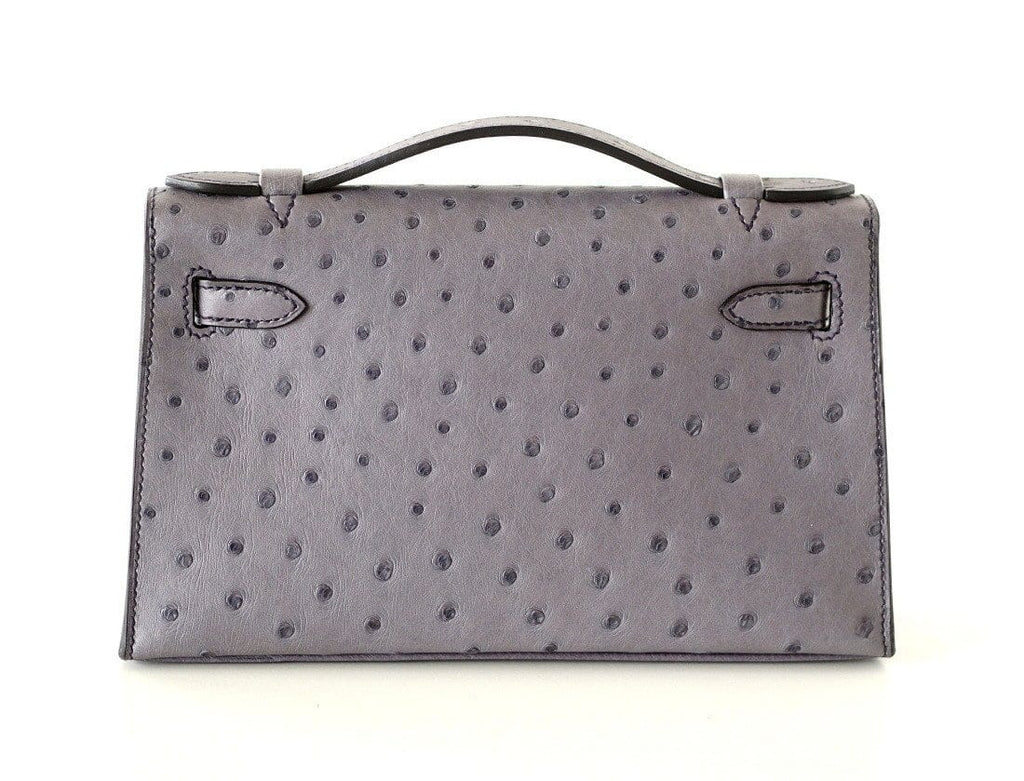 👜Kelly Pochette Clutch Bag Ostrich Gris Agate Gold Hardware