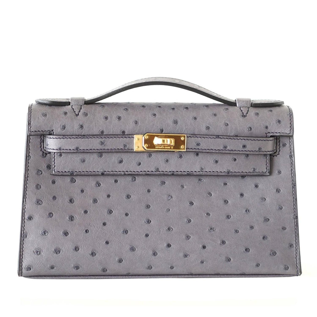 👜Kelly Pochette Clutch Bag Ostrich Gris Agate Gold Hardware