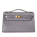 👜Kelly Pochette Clutch Bag Ostrich Gris Agate Gold Hardware