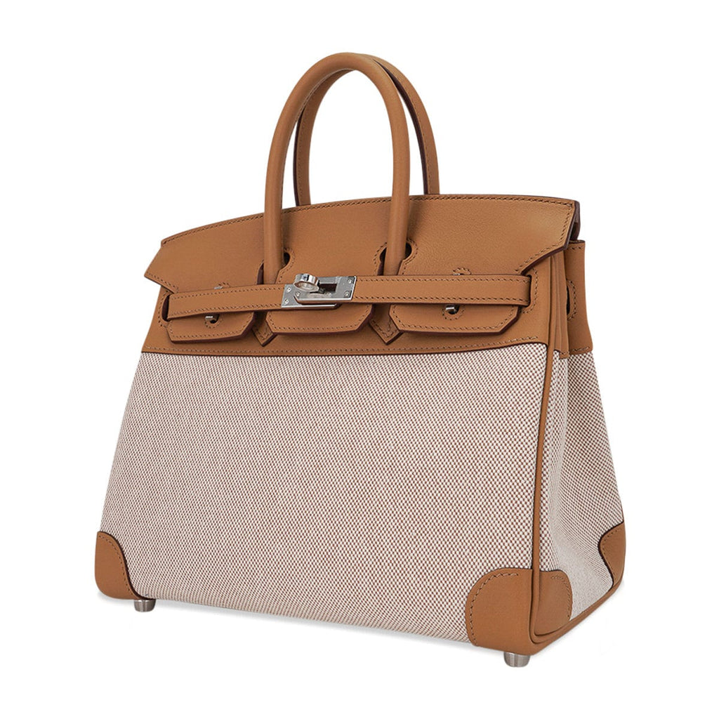 👜Limited Edition Birkin 25 Bag in Biscuit Swift Leather & Ecru Toile H with Palladium Hardware