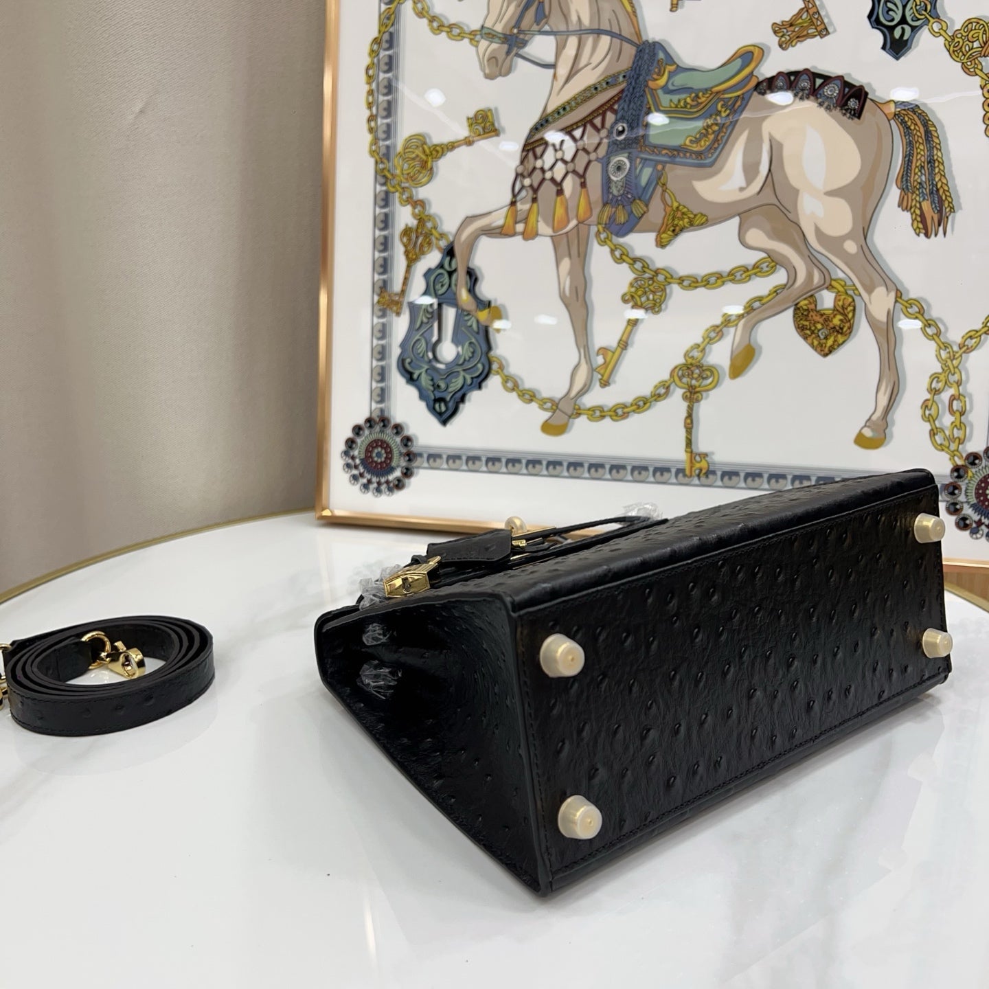 Kelly Sellier 25cm Noir Black Ostrich Gold Hardware Designer Shoulder Tote