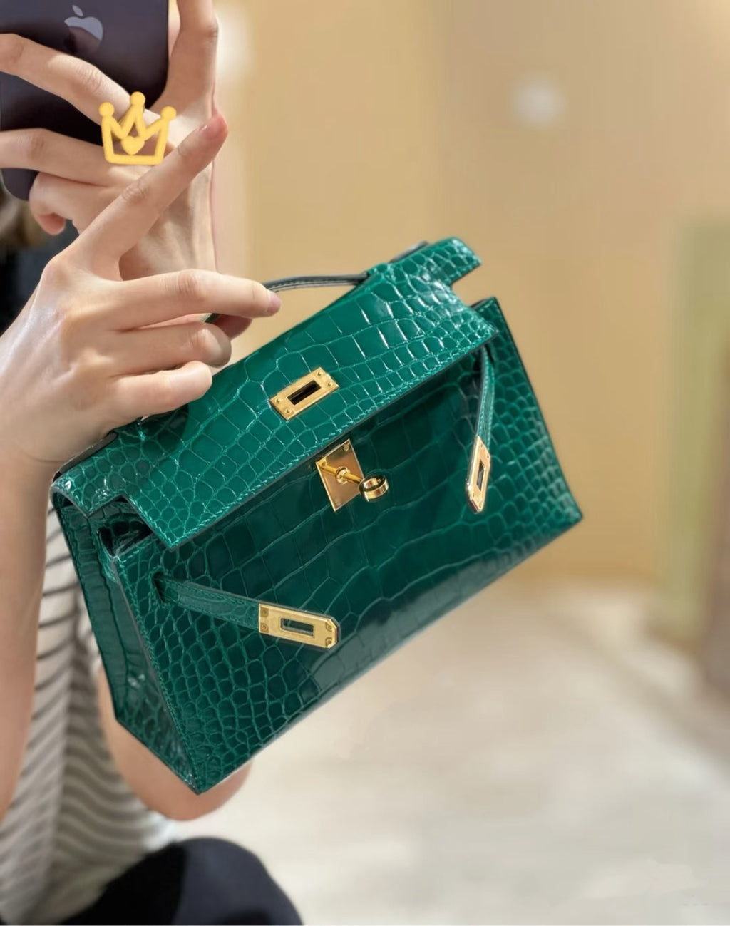 Kelly Pochette Vert Emeraude Shiny Niloticus Crocodile Leather Gold Hardware Women Clutch Bag