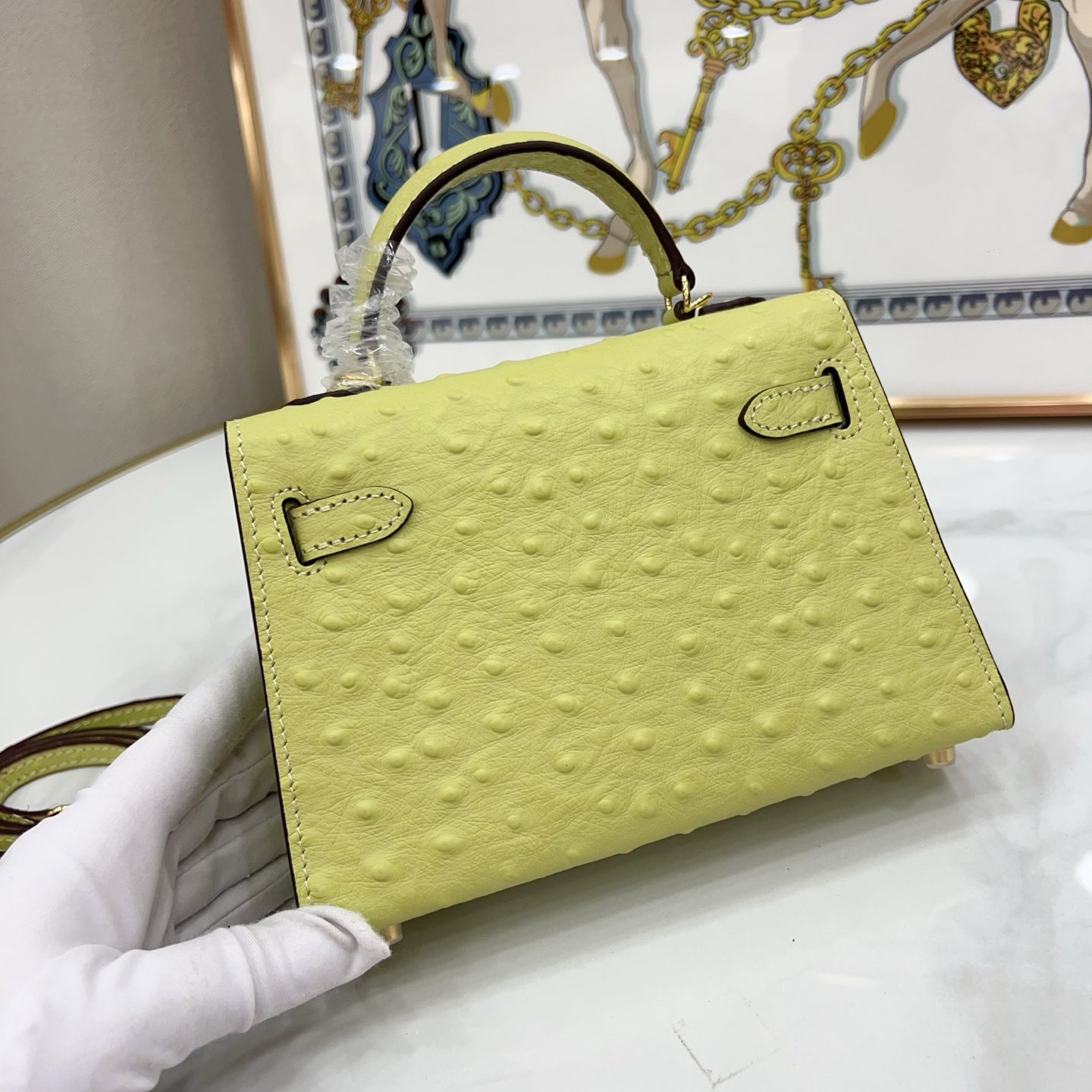 Mini Kelly II 19cm Sellier Jaune Poussin Ostrich Gold Hardware Luxury Mini Handbag