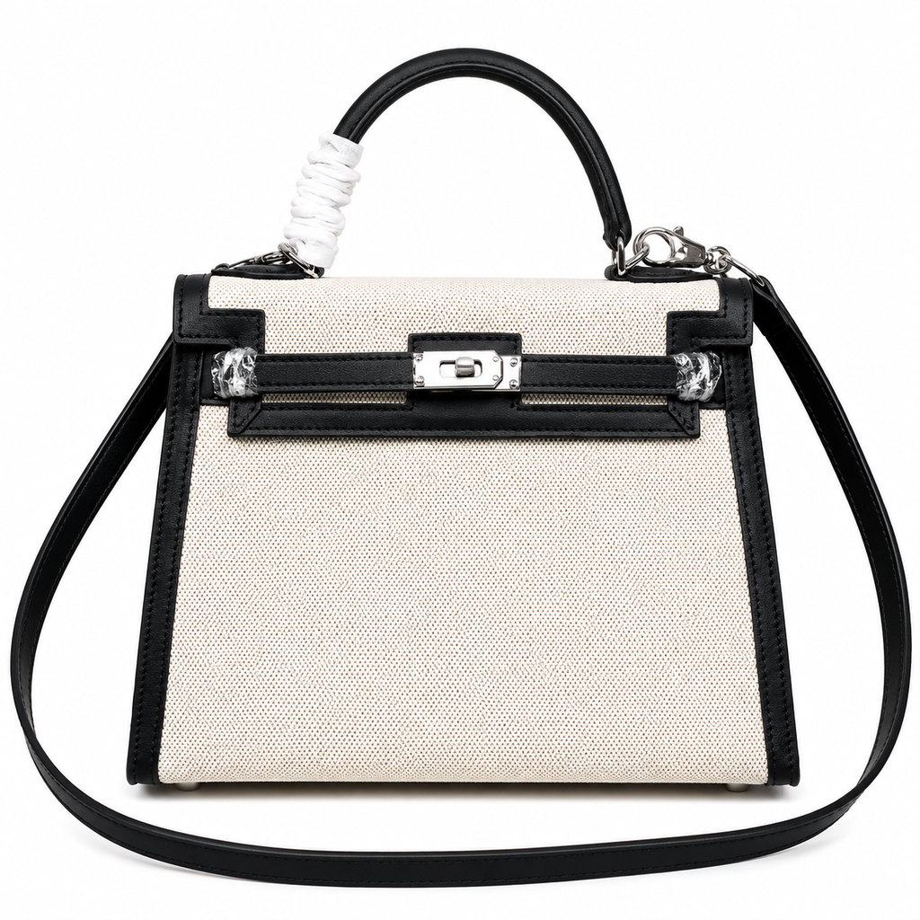 Top Selling Kelly 25 Bag With Outside Stitching, Made Of Textured Canvas & Soft Swift Leather Patchwork, Classic Black Silver Hardware Combination, Stunning Mixed Material Texture Dimensions: Length 25 * Width 10 * Height 18cm