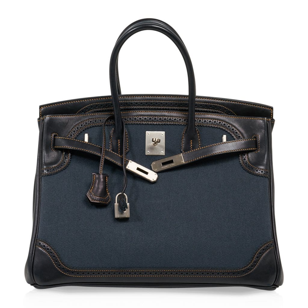 👜Birkin 35 Ghillies Denim Fonce Toile / Black Evercalf Bag Limited Edition