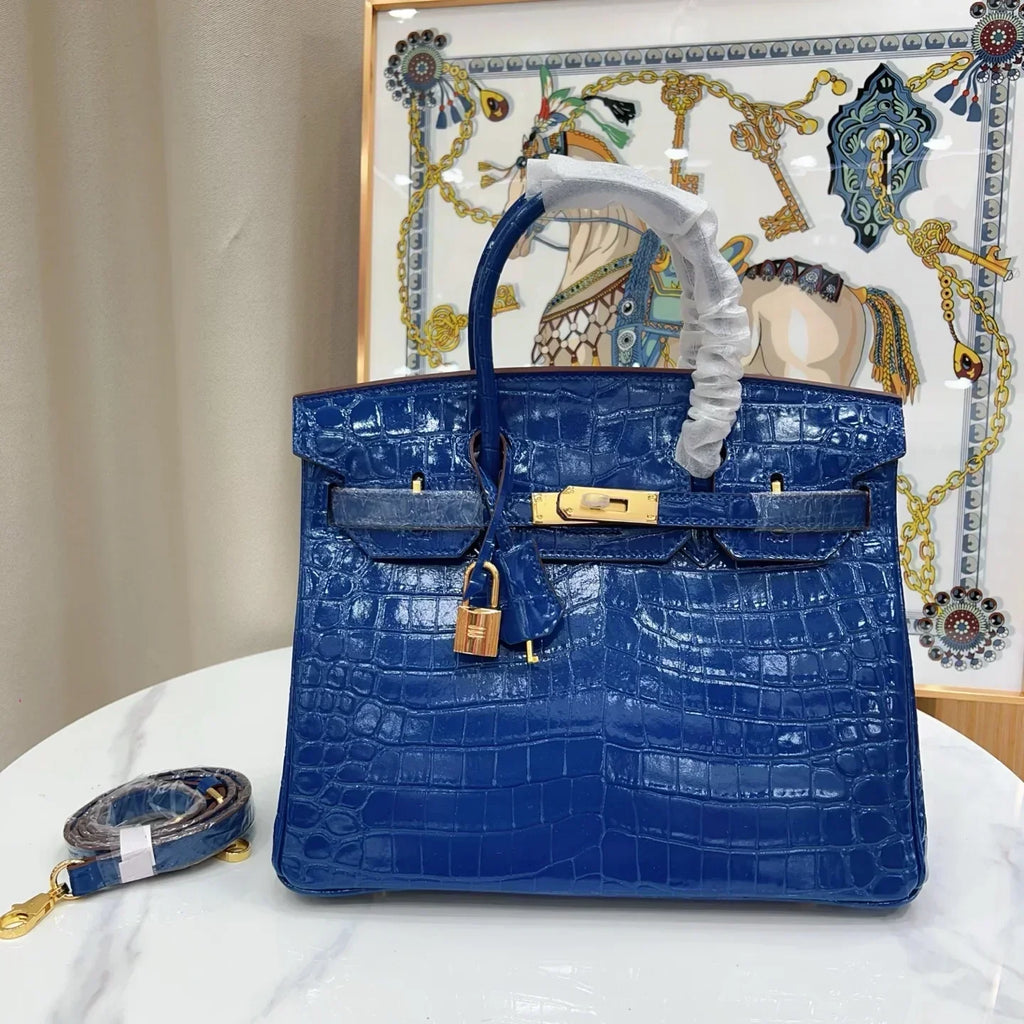 👜Birkin Blue Croc Embossement Leather Handbags Metal Lock Satchel Bag