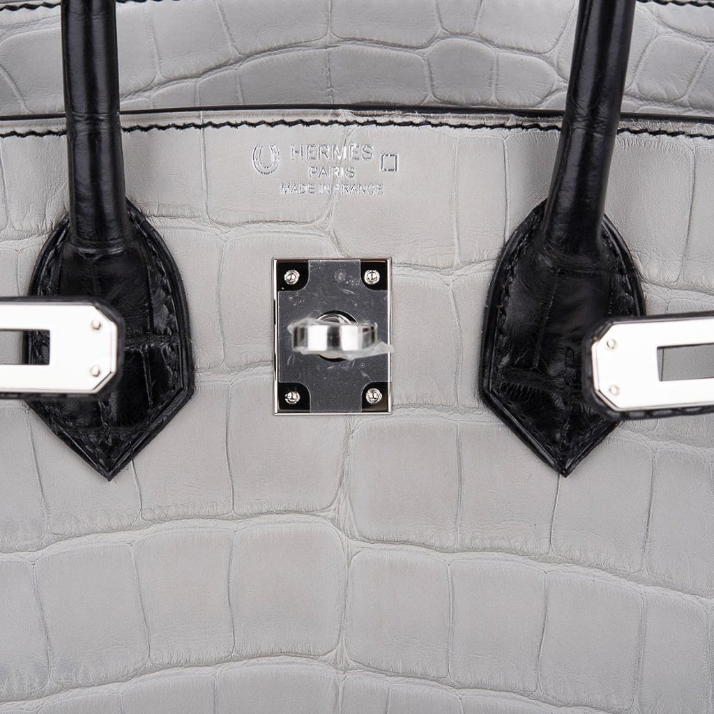 👜Birkin 25 HSS Bag Gris Perle / Black Matte Alligator Palladium Hardware