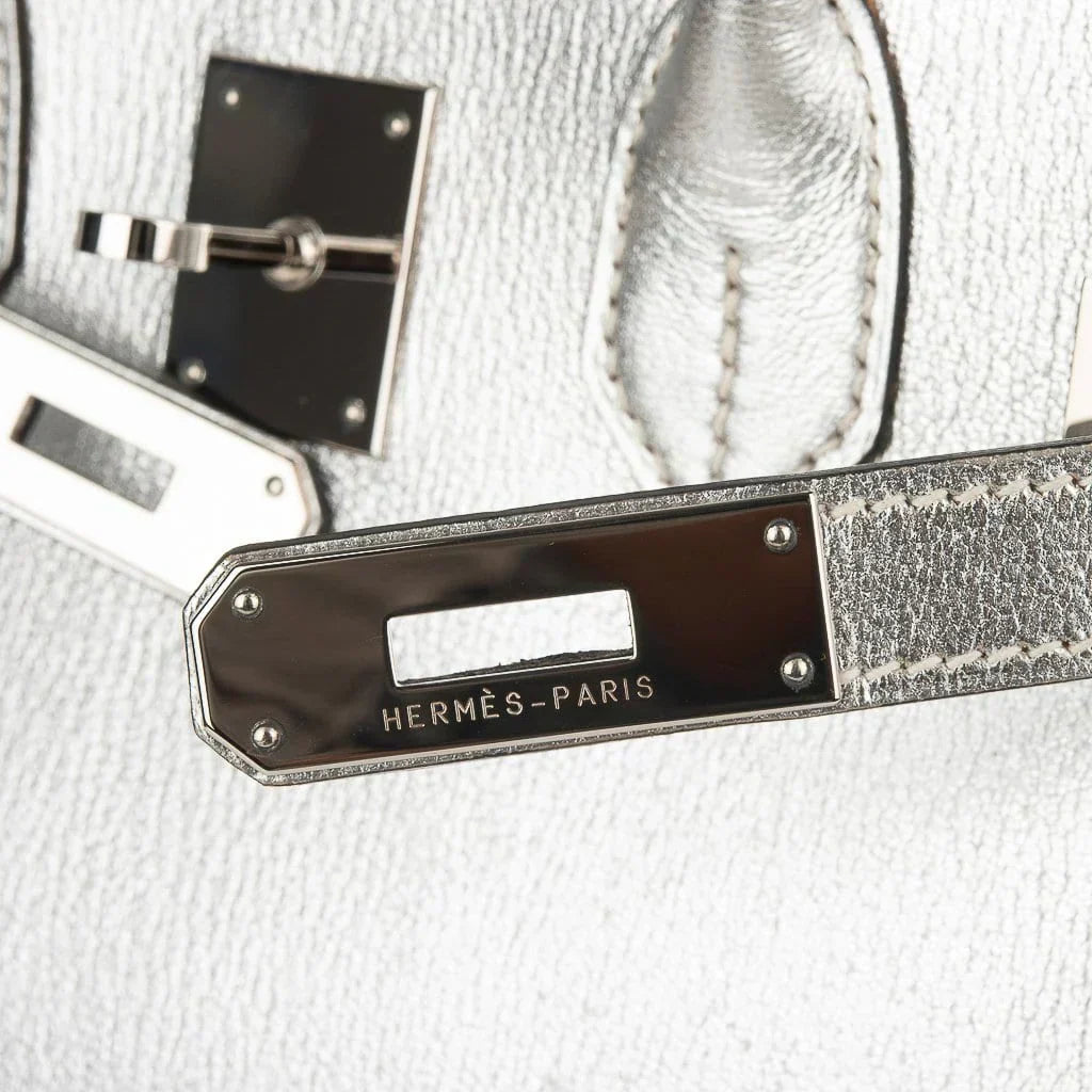 👜Limited Edition Birkin 30 Bag Silver Metallic Chevre Leather with Palladium Hardware