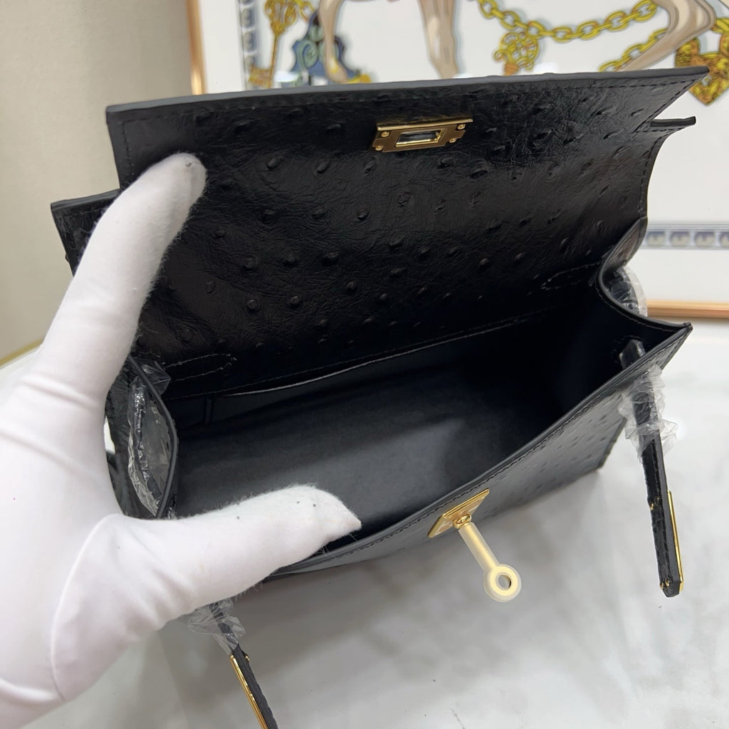 Mini Kelly Sellier 22cm Noir Ostrich Leather Gold Hardware Women Mini Handbag