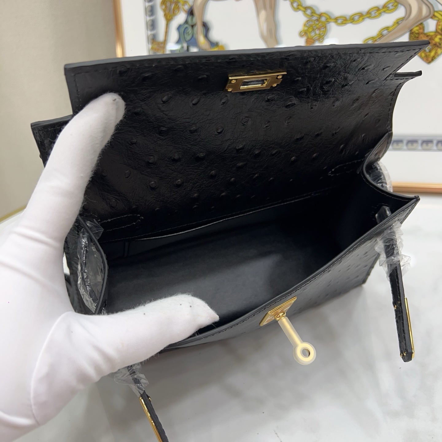 Mini Kelly Sellier 22cm Noir Ostrich Leather Gold Hardware Women Mini Handbag
