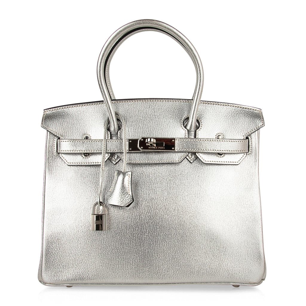 👜Limited Edition Birkin 30 Bag Silver Metallic Chevre Leather with Palladium Hardware