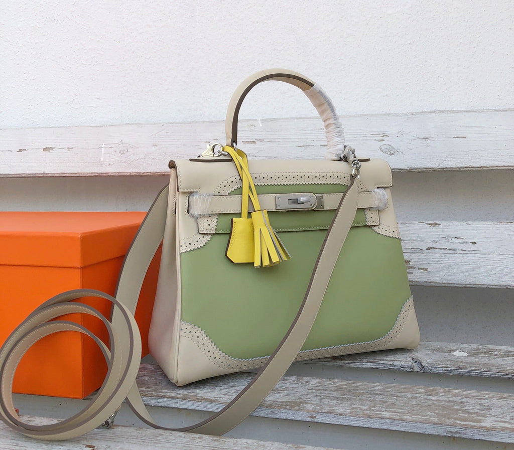 Kelly Sellier Ghillies 28cm Craie & Vert Pomme Barenia Leather Palladium Hardware Women Handbag