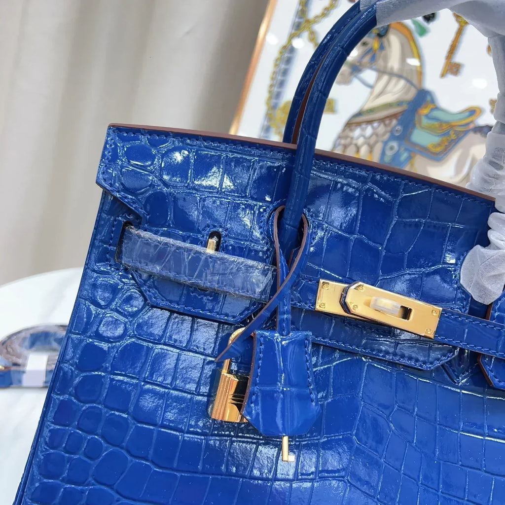 👜Birkin Blue Croc Embossement Leather Handbags Metal Lock Satchel Bag