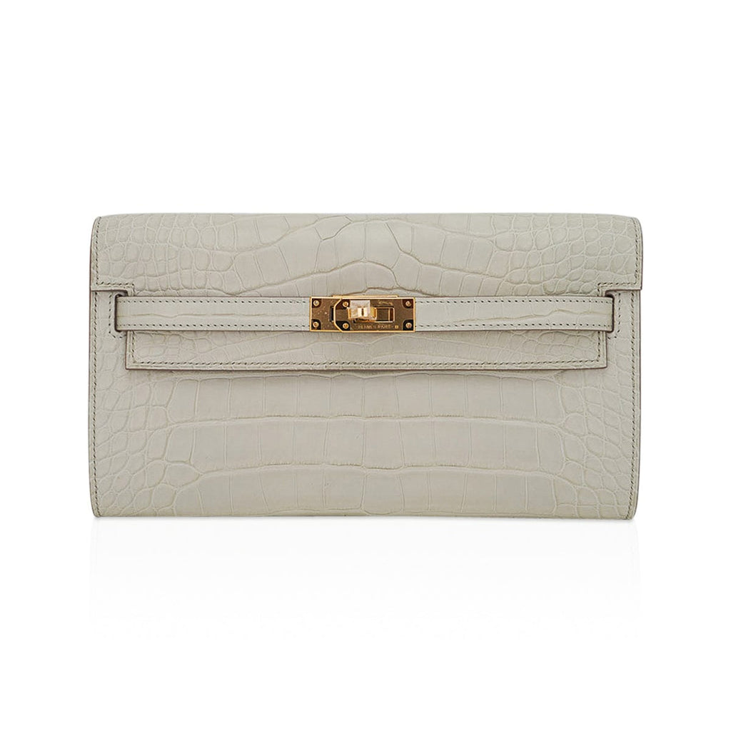 👜Kelly Classique To Go Wallet Beton Matte Alligator Gold Hardware
