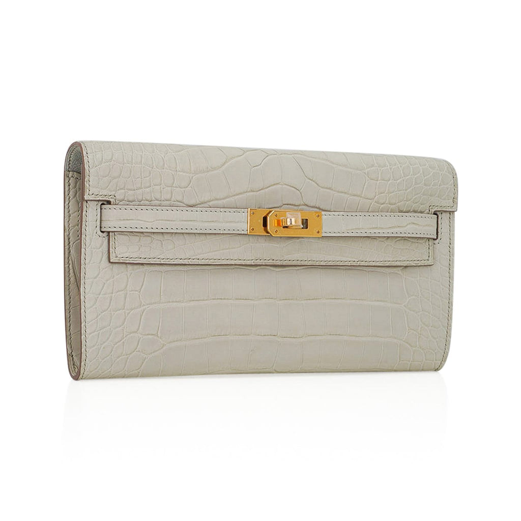 👜Kelly Classique To Go Wallet Beton Matte Alligator Gold Hardware